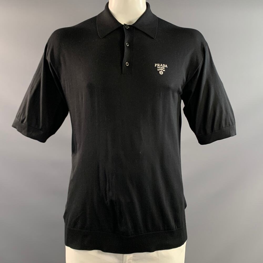 PRADA Size M Black Knitted Silk Buttoned Polo